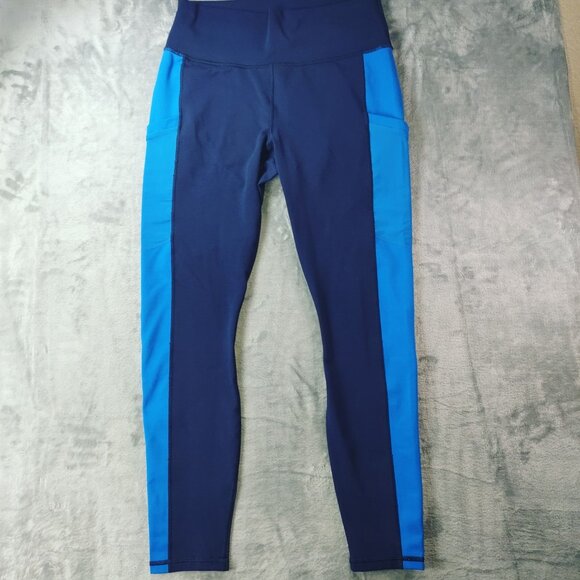 Fabletics Womens PowerHold Leggings Blue Navy Colorblock HighRise Pockets Size M - Picture 1 of 9
